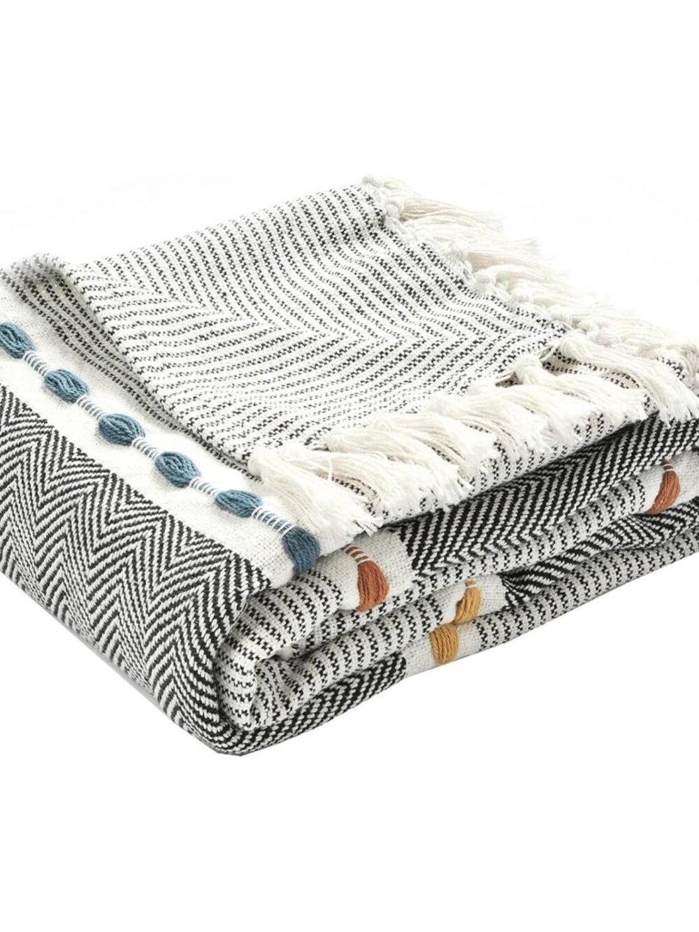 Herringbone Stripe Woven Tassel Yarn Dyed Cotton Throw Blanket 50" W x 60" L Bla
